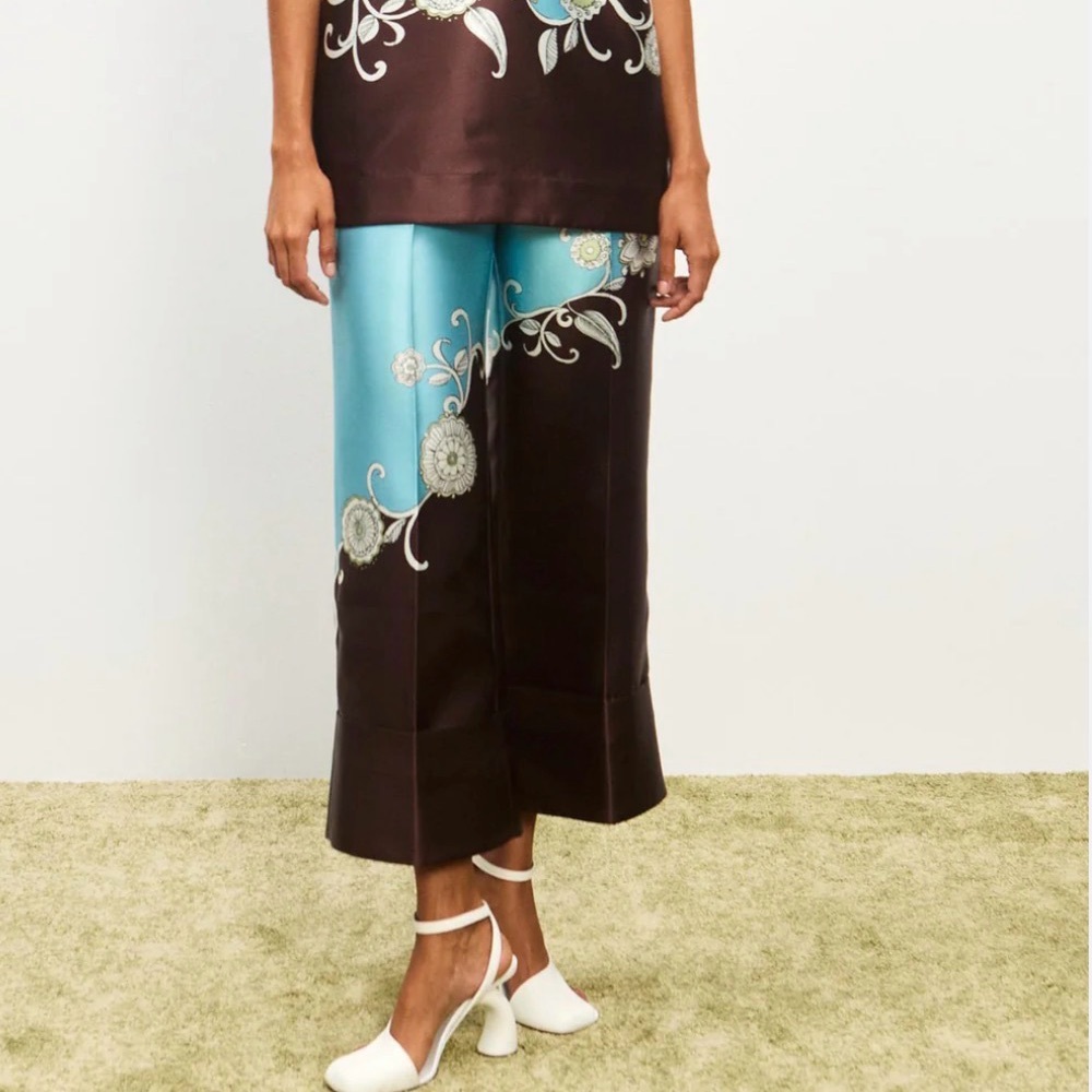 Alemais Aqua & Chocolate Floral Wide Leg Silk Pants